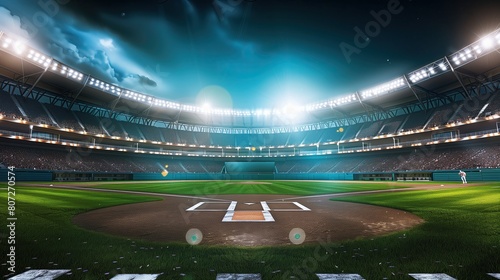 Space Copy Stadium Outdoor Field Baseball sport plate mound softball crowd fan spotlight illuminated game match arena grass dirt clay competition background turf league no people bright. photo