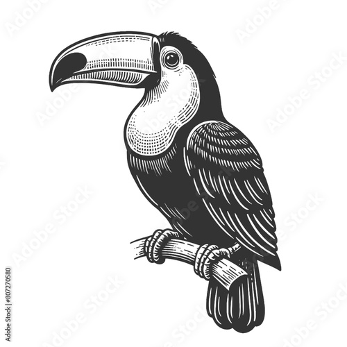 toucan bird perched on a branch, ideal for wildlife projects sketch engraving generative ai fictional character vector illustration. Scratch board imitation. Black and white image.