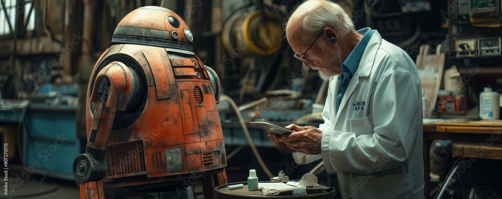 Scientist examining robot in workshop Scientist examining robot in workshop