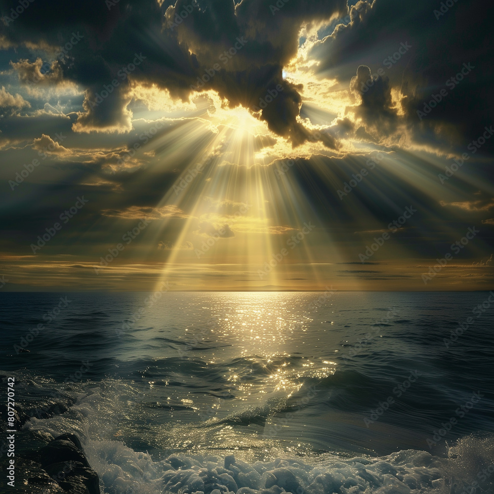 sun bursting forth through clouds over a seascape