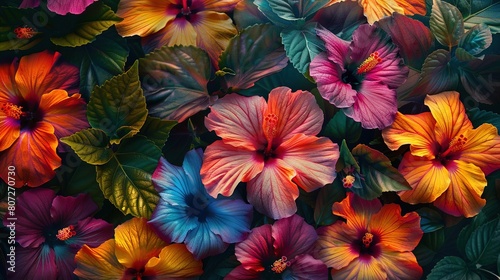 A vibrant mix of tropical hibiscus flowers, their bold colors forming a visually stunning tapestry in mesmerizing