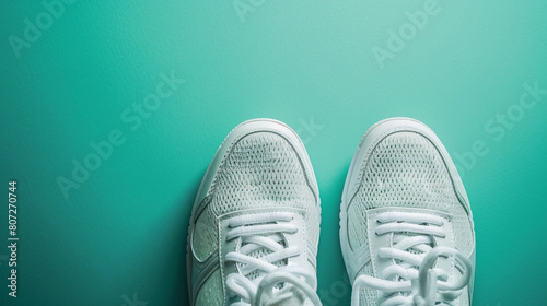White Sneakers Against Teal Background in Modern Fashion Photography photo