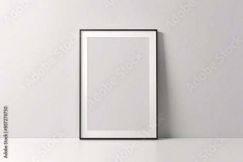 Wei  es Rahmenmodell im Innenraum auf wei  em Wandhintergrund. Vorlagenrahmen f  r Text. Poster-Attrappe. Rechteckiges Wandbild oder Fotorahmen-Attrappe