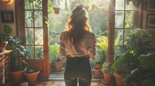 Young woman standing in front of open door at home, view from behind photo