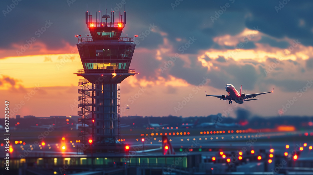 Airport air traffic control tower with airplane in the background landing or taking off at sunset. Air traffic control and runway. Arrivals and departures of commercial flights or passengers. Airport air traffic control tower with airplane in the background landing or taking off at sunset. Air traffic control and runway. Arrivals and departures of commercial flights or passengers.