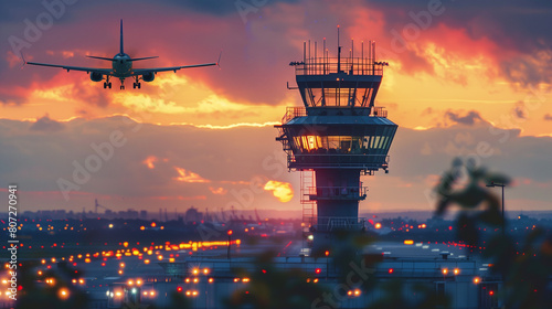 Airport air traffic control tower with airplane in the background landing or taking off at sunset. Copy space