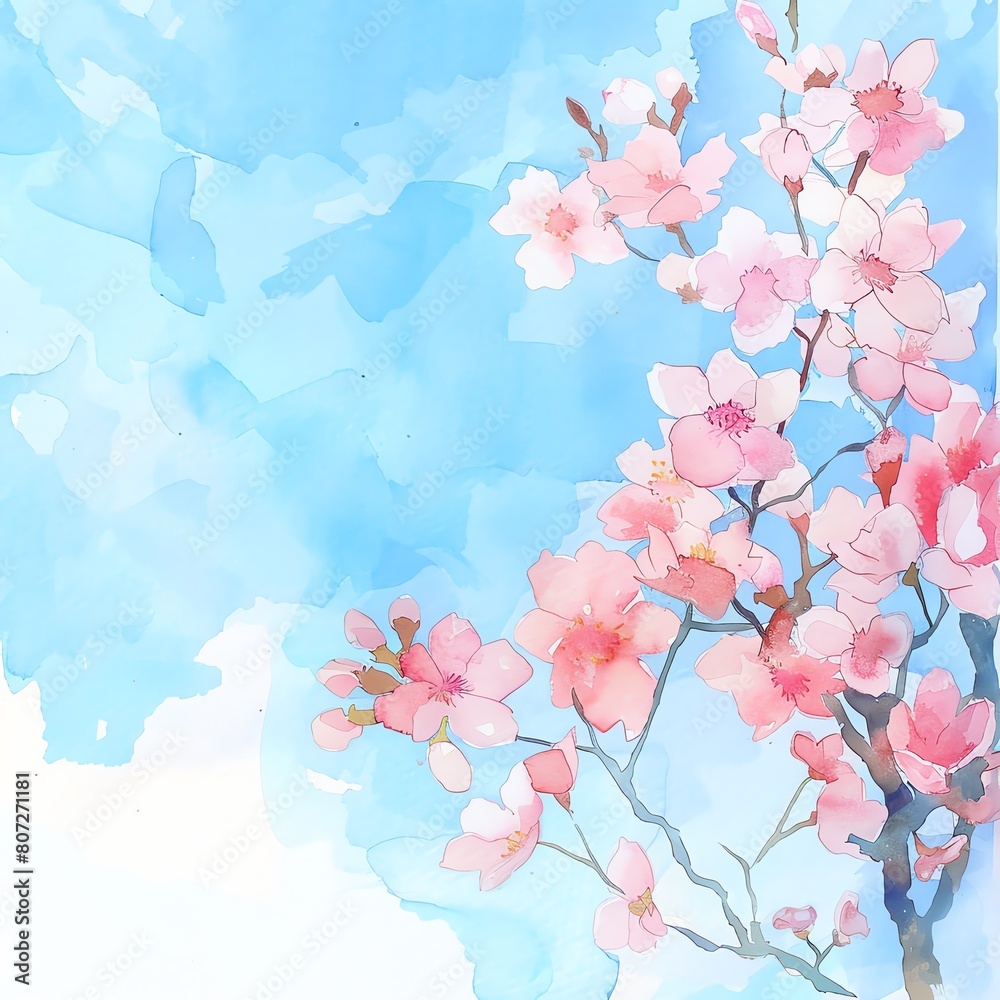 Springtime watercolor painting of blooming cherry blossoms against a soft blue sky, water color , clip art 