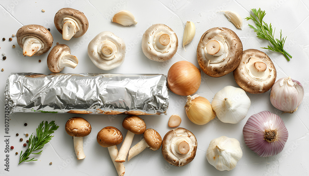 Composition with raw mushrooms, onion, garlic and aluminium foil roll on light tile background