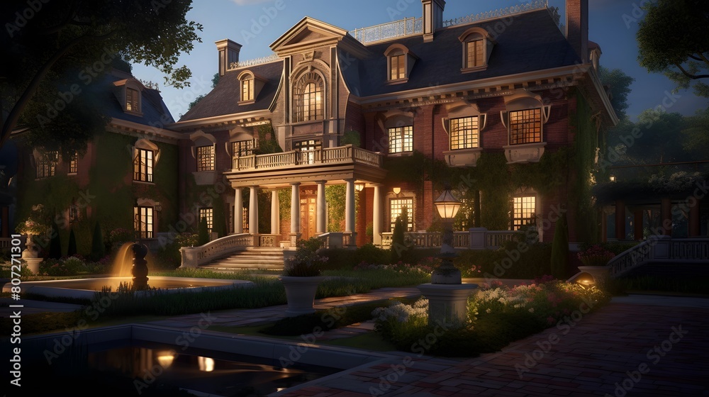 Panorama of a luxury mansion in the evening with a beautiful garden
