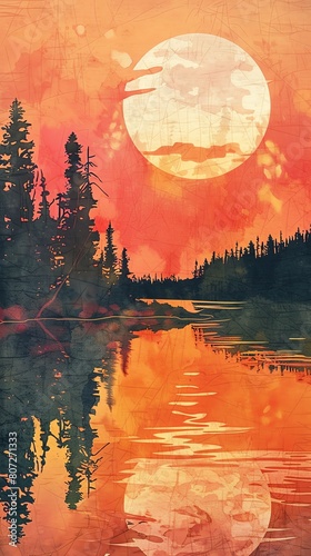 Summer sunset over a calm lake, with warm colors reflecting on the water and silhouetted trees along the shore , water color ,clip art photo