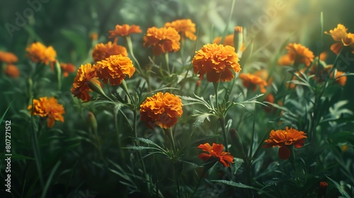 Sunlit marigolds captured in a moment of joyful bloom, their vivid orange hues popping against a lush green backdrop.