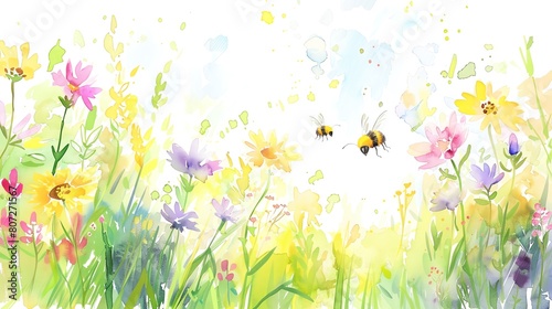 Watercolor illustration of a springtime meadow, with wildflowers blooming and bees buzzing around, water color ,clip art