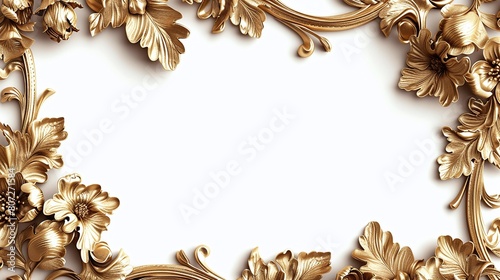 elegant golden floral carved vintage frame border on white background