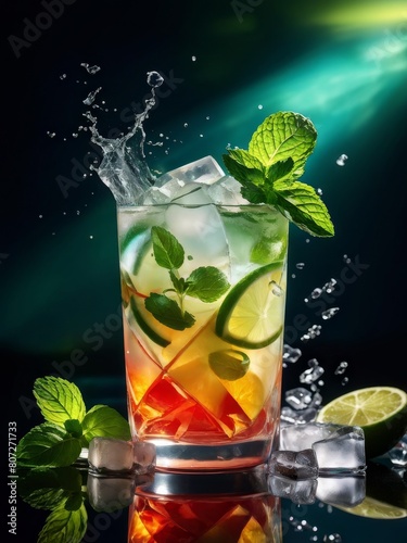 Mojito cocktail with ice cubes and mint leaves on dark background