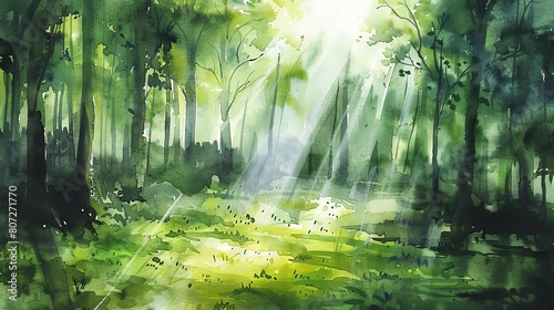 Watercolor painting of a misty forest glen  with sunlight filtering through the trees  water color  clip art