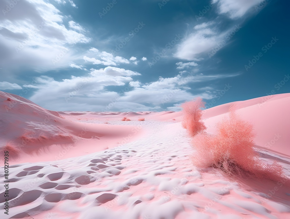 Pink sand dunes and blue cloudy sky. 3d render illustration