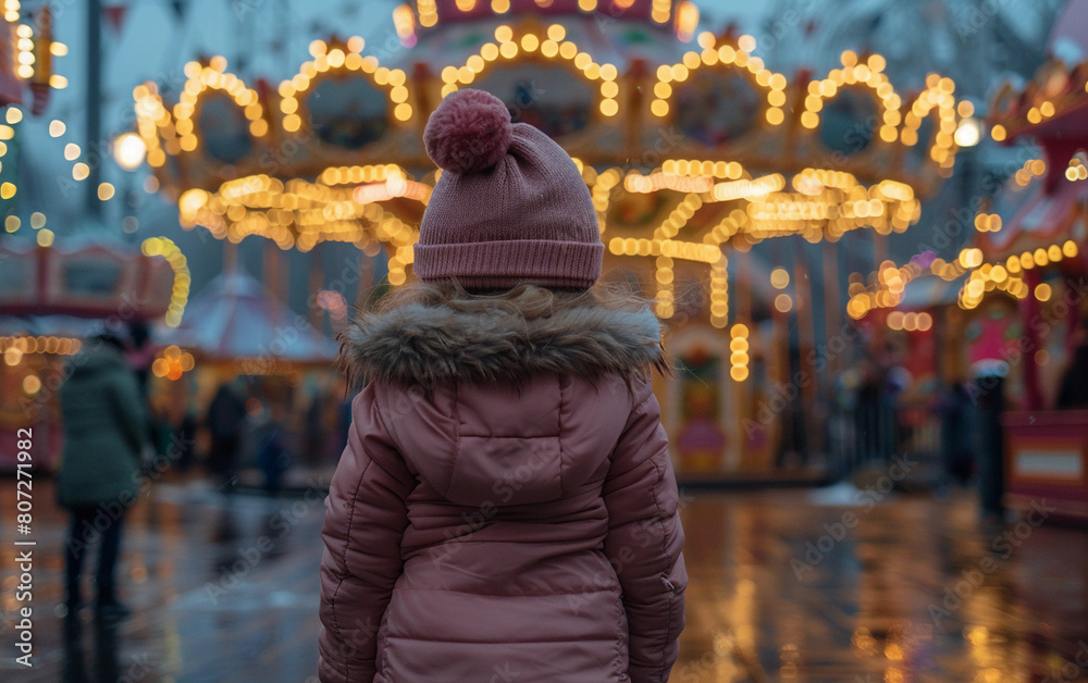 A young girl wearing a pink coat and a pink hat stands in front of a carousel. The carousel is lit up with bright lights, creating a festive atmosphere. The girl appears to be enjoying the carnival A young girl wearing a pink coat and a pink hat stands in front of a carousel. The carousel is lit up with bright lights, creating a festive atmosphere. The girl appears to be enjoying the carnival