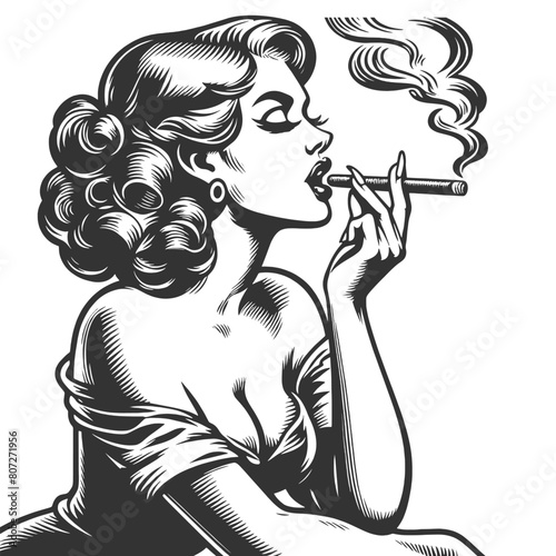 glamorous vintage pin-up girl elegantly smoking a cigar, evoking a classic retro allure sketch engraving generative ai fictional character vector illustration. Black and white image.