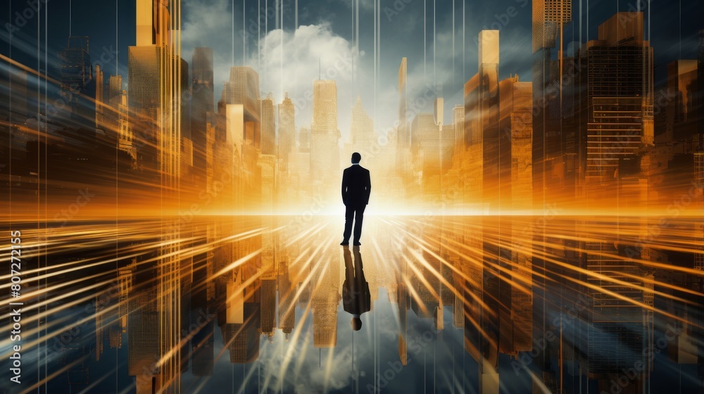 A man standing in the middle of a city A man standing in the middle of a city