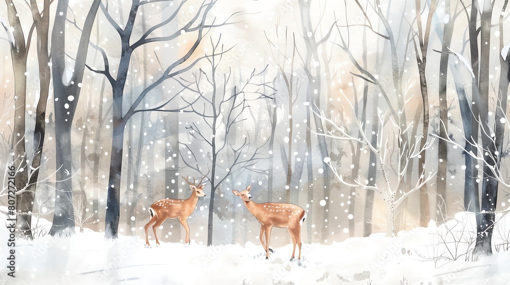 Winter forest scene with bare branches dusted with snow and deer foraging for food, rendered in soft watercolors , water color , clip art Winter forest scene with bare branches dusted with snow and deer foraging for food, rendered in soft watercolors , water color , clip art