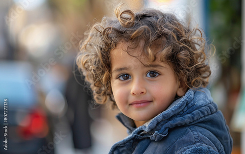 A young child with curly hair is smiling and looking at the camera. The child is wearing a blue jacket and he is enjoying the moment