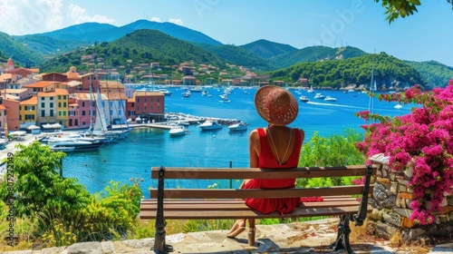 Lifestyle woman in red sitting on bench