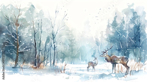 Winter forest scene with bare branches dusted with snow and deer foraging for food, rendered in soft watercolors, water color ,clip art