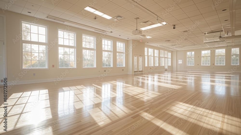A large room with a lot of windows and a lot of light. The room is empty and has a very clean and bright appearance