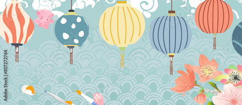Colorful Pattern Illustration Featuring Japanese Lanterns and Cherry Blossoms
