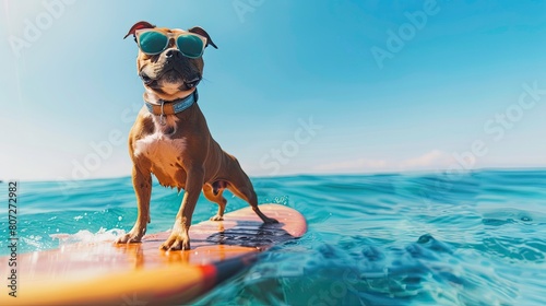 surfing cute Staffordshire Terrier, side view, with sunglasses, standing on surfboard in the blue ocean © hamzagraphic01