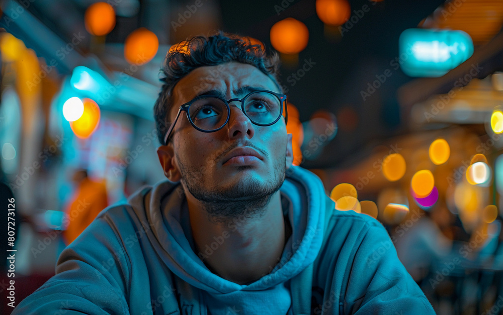 A man wearing glasses is looking at something in the distance. The image has a moody and contemplative feel to it, as the man is deep in thought A man wearing glasses is looking at something in the distance. The image has a moody and contemplative feel to it, as the man is deep in thought