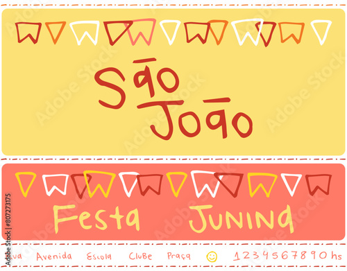 Invitation, save the date, June party. Festival of São João. Typical Brazil event, Brazilian popular culture. Vector, illustration frames, banners, dividers. Celebration flags, holiday.