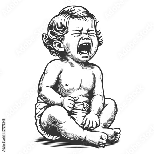 intense emotion of a crying baby  with detailed expression and classic styling sketch engraving generative ai fictional character vector illustration. Scratch board imitation. Black and white image.