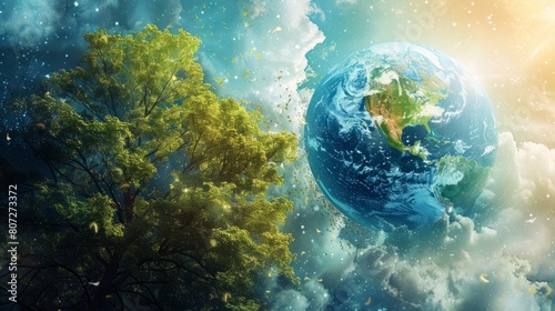 A tree is next to a blue planet with a white sun. The planet is surrounded by clouds and the sky is filled with stars