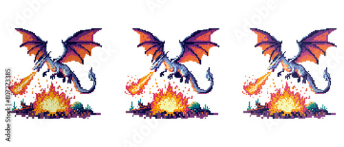 A pixelated dragon breathing fire, with a blue body and wings, destroyed the city