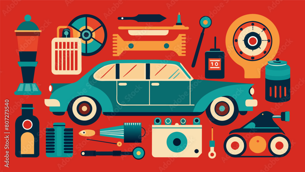 From small details like hood ornaments and door handles to larger pieces like engine transmissions and exhaust systems every part has its own story. Vector illustration