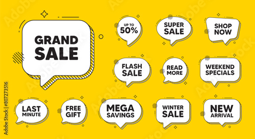 Offer speech bubble icons. Grand sale tag. Special offer price sign. Advertising discounts symbol. Grand sale chat offer. Speech bubble discount banner. Text box balloon. Vector