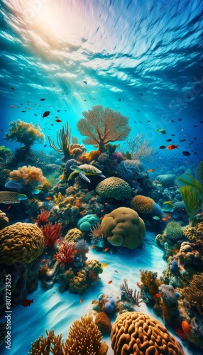 Vibrant underwater reef scene with turtles, fish, and sunlight streaming through water.