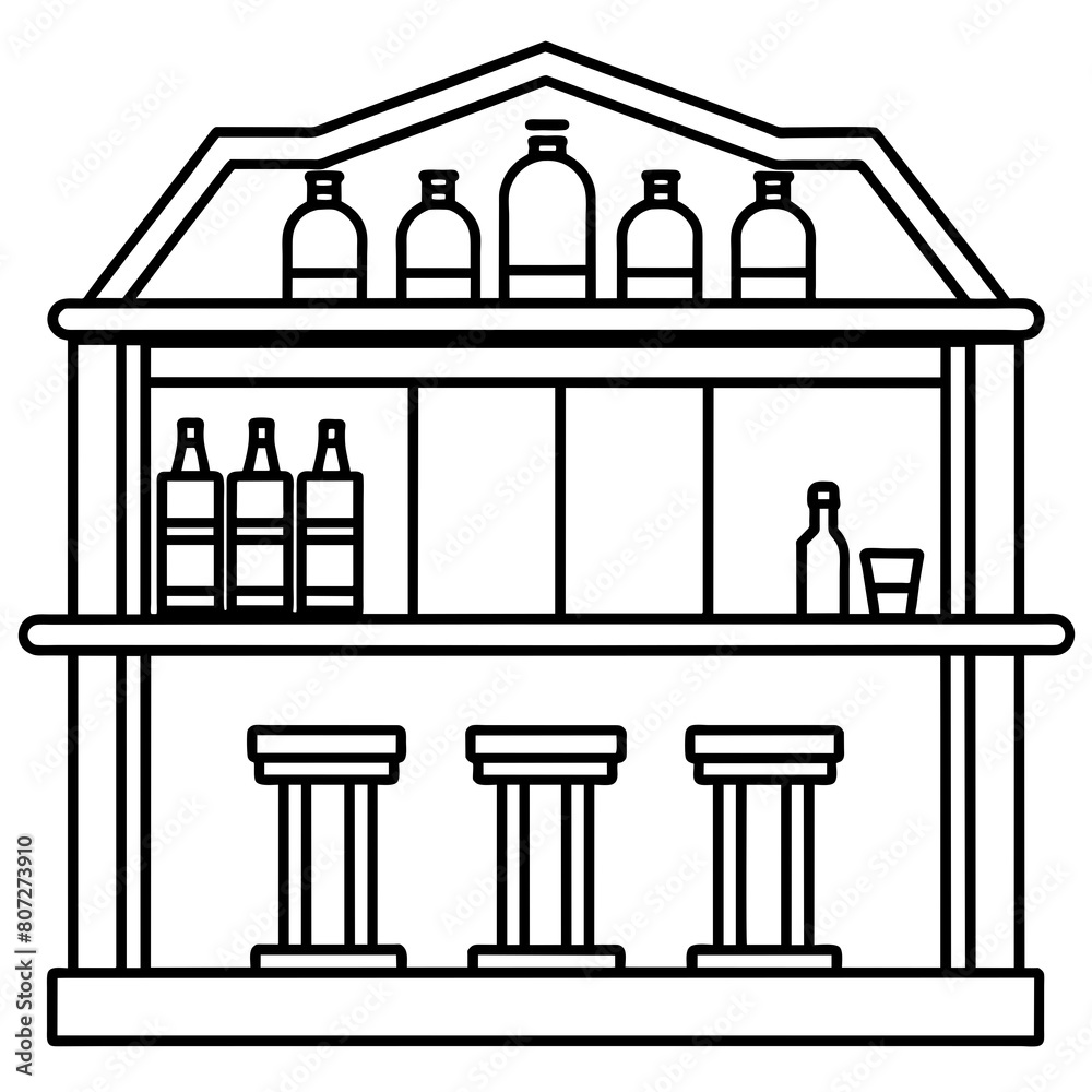 Black and White Illustration of Bar with Bottles and Stools, Vector, Illustrations Black and White Illustration of Bar with Bottles and Stools, Vector, Illustrations