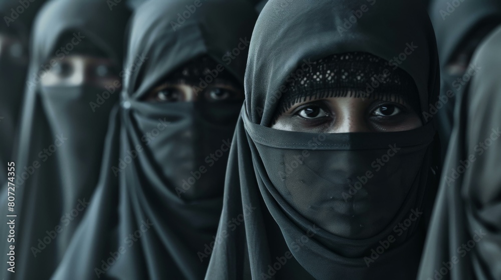 Intense portrait of women in black niqabs; deep look, strong cultural representation, diverse, inclusive themes. Intense portrait of women in black niqabs; deep look, strong cultural representation, diverse, inclusive themes.