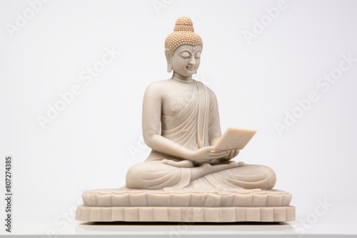  Serene Buddha statue reading  spiritual and educational themes  on a clean background.