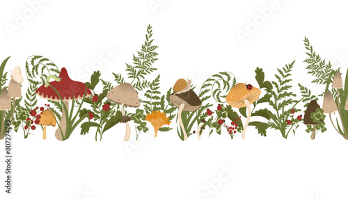 Mushroom border. Vector masking tapes with autumn mushrooms, fern leaves, berries. Seamless fall border with forest harvest. Adhesive tape design. White backgrounds.