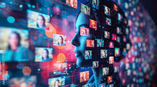A woman's face is shown in a computer screen with many different faces surrounding her. Concept of chaos and confusion, as if the woman is being bombarded by a multitude of faces photo