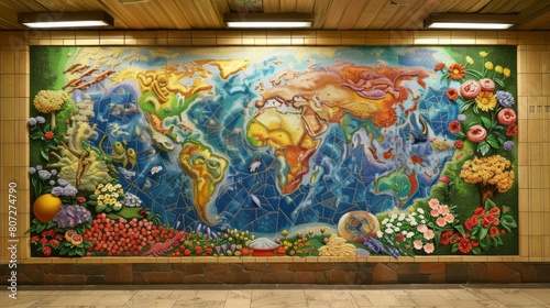 A large mural of the world with a variety of flowers and plants. The mural is colorful and vibrant  and it conveys a sense of unity and interconnectedness among all the different regions of the world