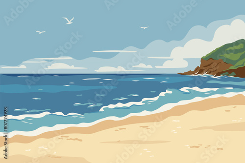 Cartoon summer beach. Landscape with sea coast, sand beach, sky and rocks. Horizontal seaside with sandy ocean shore and clouds on horizon. Seashore panoramic view. Flat vector background illustration
