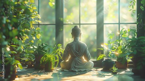Cartoon 3D individual meditating with indoor plants around, peaceful green background photo
