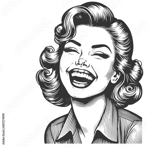 woman laughing heartily, her head thrown back in a moment of pure joy and infectious mirth sketch engraving generative ai fictional character vector illustration. Black and white image.