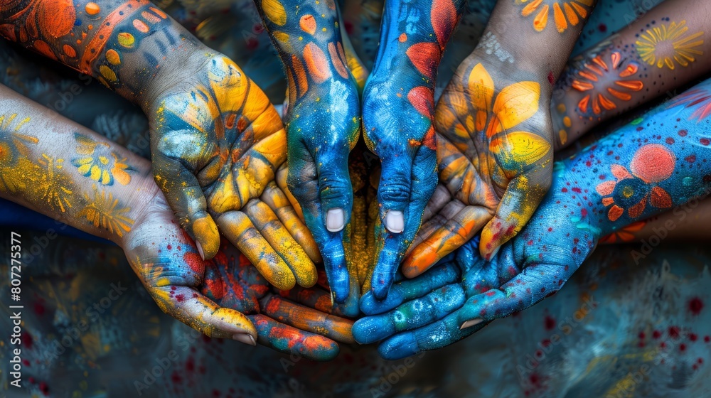 A group of people with colorful hands and faces, one of whom has a flower on their hand