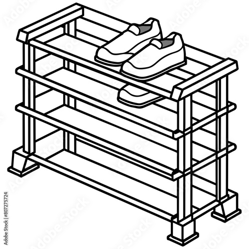 Three-Tiered Metal Shoe Rack with Shoes on Top Shelf: Modern Storage Graphics for Print and Digital Projects