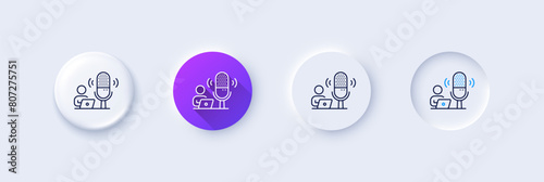 Podcast line icon. Neumorphic, Purple gradient, 3d pin buttons. Studio mic sign. Voice record microphone symbol. Line icons. Neumorphic buttons with outline signs. Vector